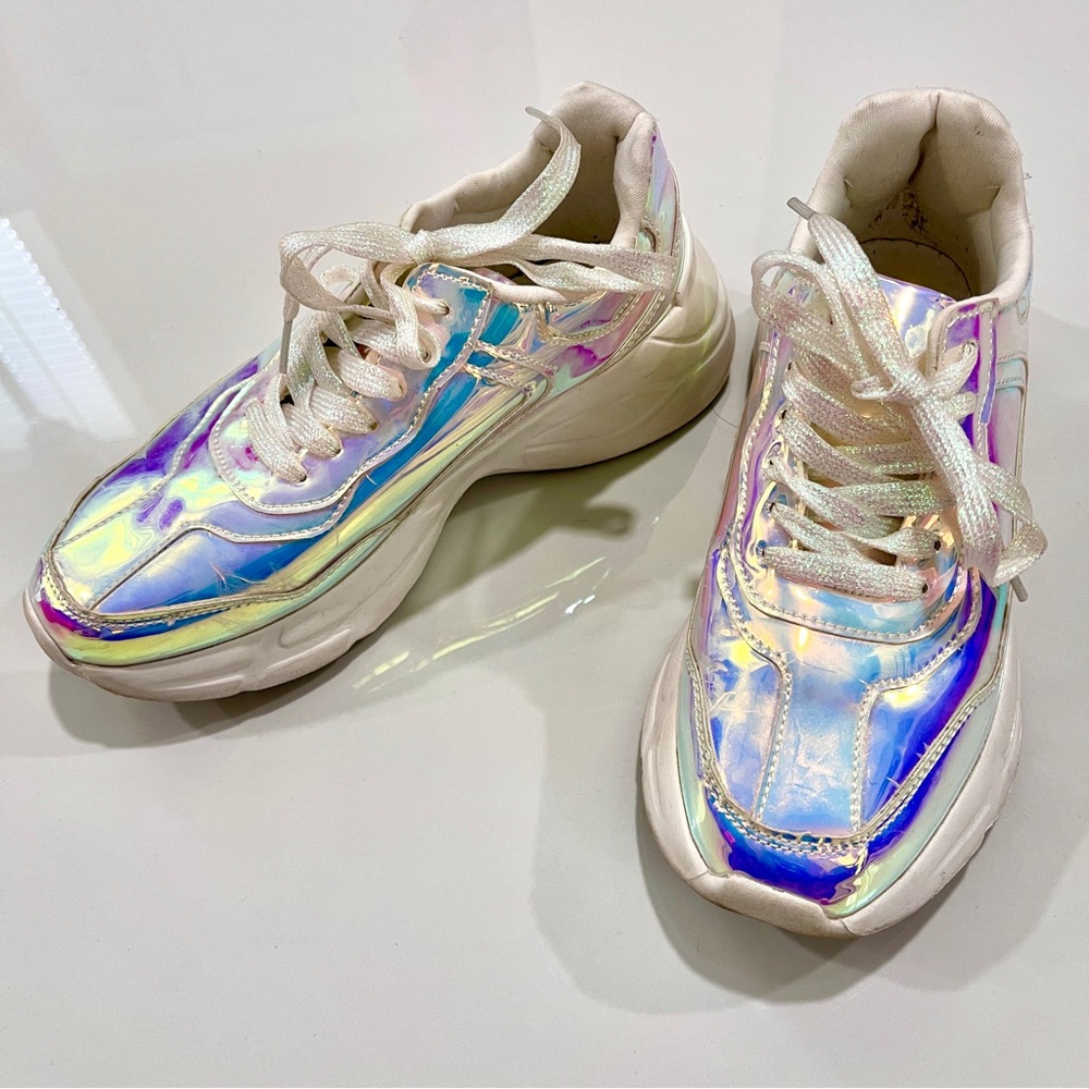 Unicorn Pastel Holographic Lace Up Sneakers Lucky Step Size 7 Platform Kicks EUC - Picture 3 of 13